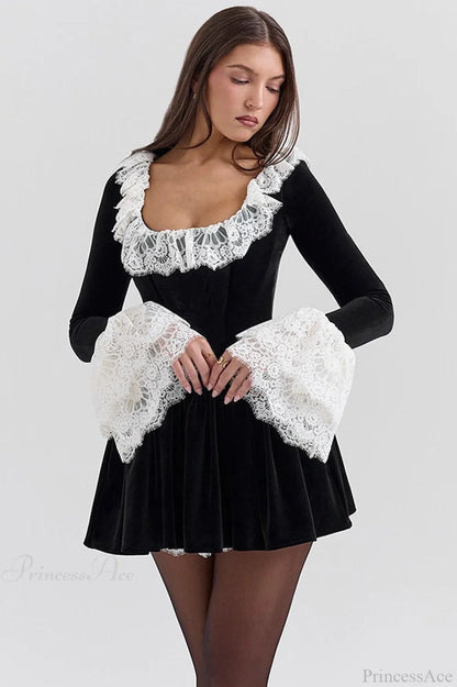 Square Neck Lace Trim Flared Sleeve Mini Dress