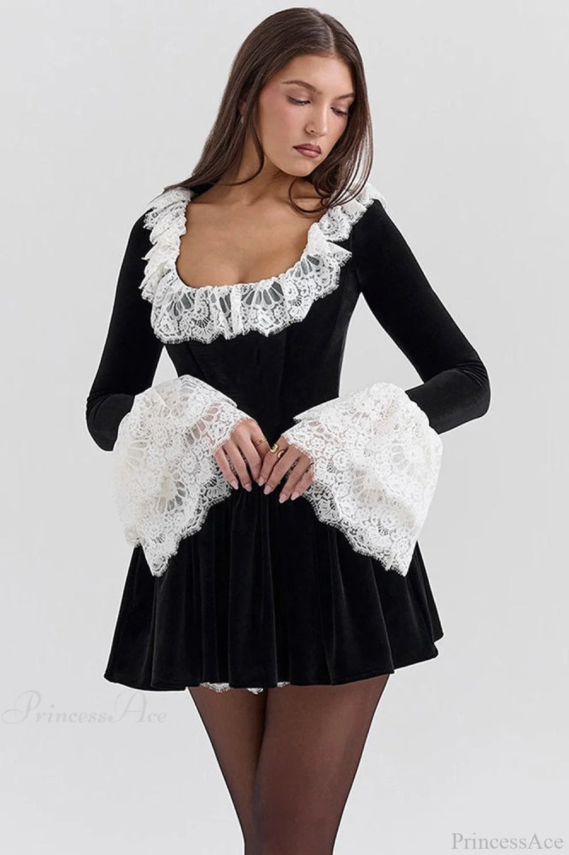 Square Neck Lace Trim Flared Sleeve Mini Dress