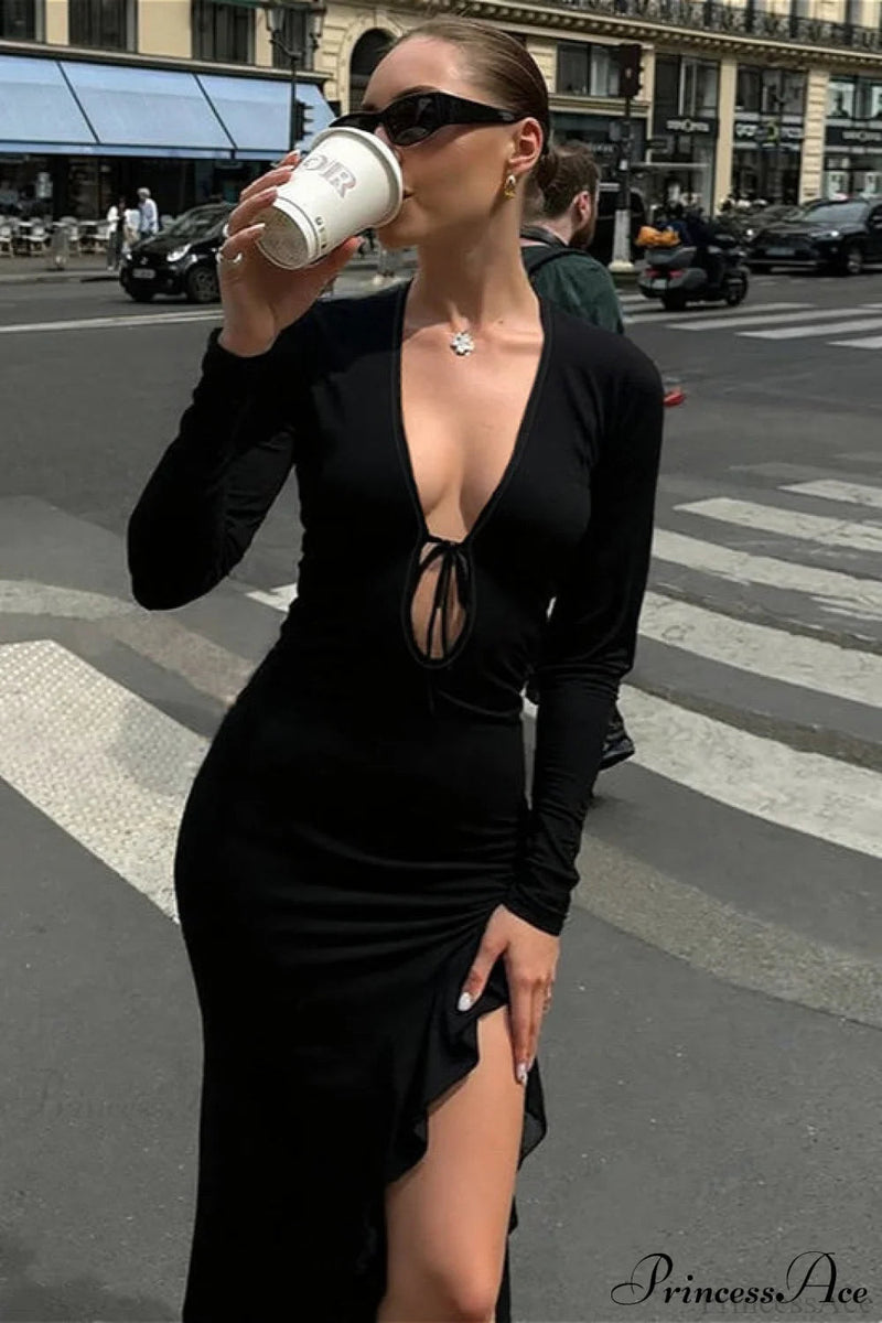 U Neck Tie Side Slit Long Sleeve Bodycon Maxi Dress