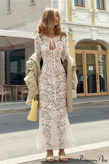 Sheer Round Neck Lace Long Sleeve Maxi Dress