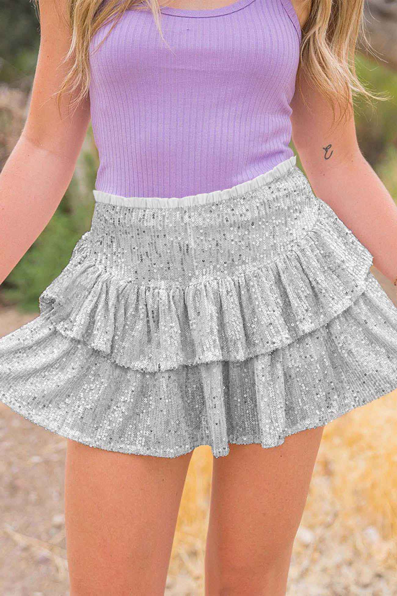 Sequined Pleated Tiered Mini Skirt