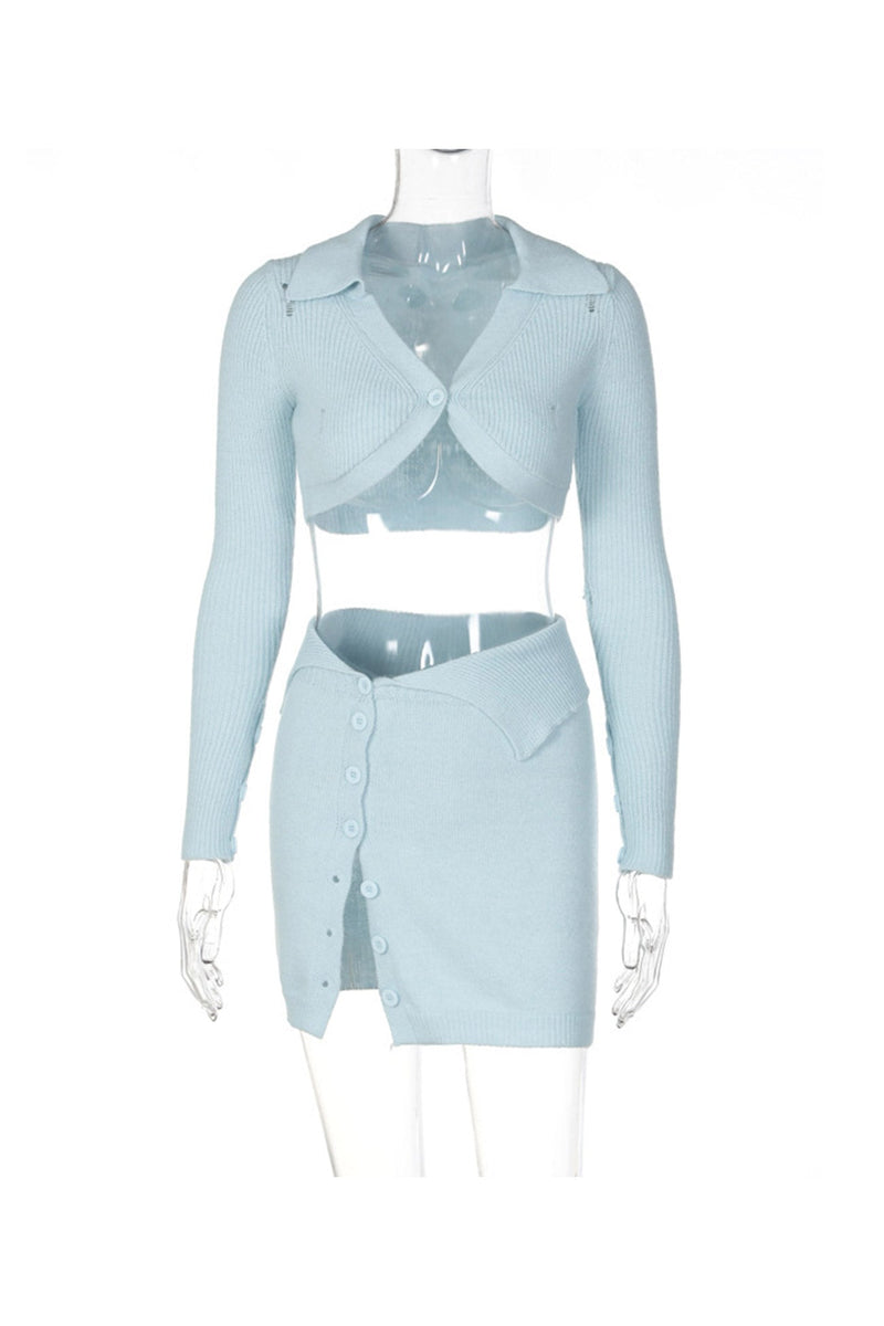 Sky Blue Button-front Knitted Two Piece Skirts