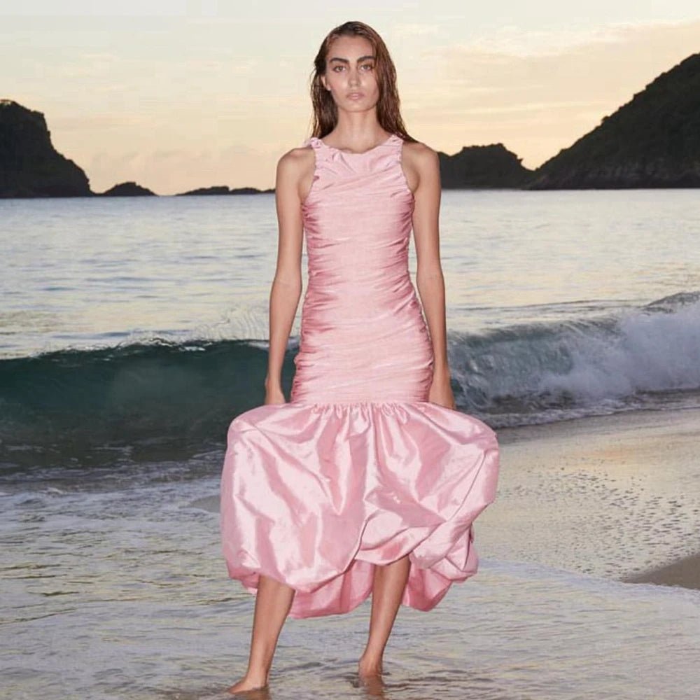 Sleeveless Light Pink Bundage Satin Dress | Mermaid Woman Clothes | Open Back Folds Maxi Long Dresses Ever Gown Customized