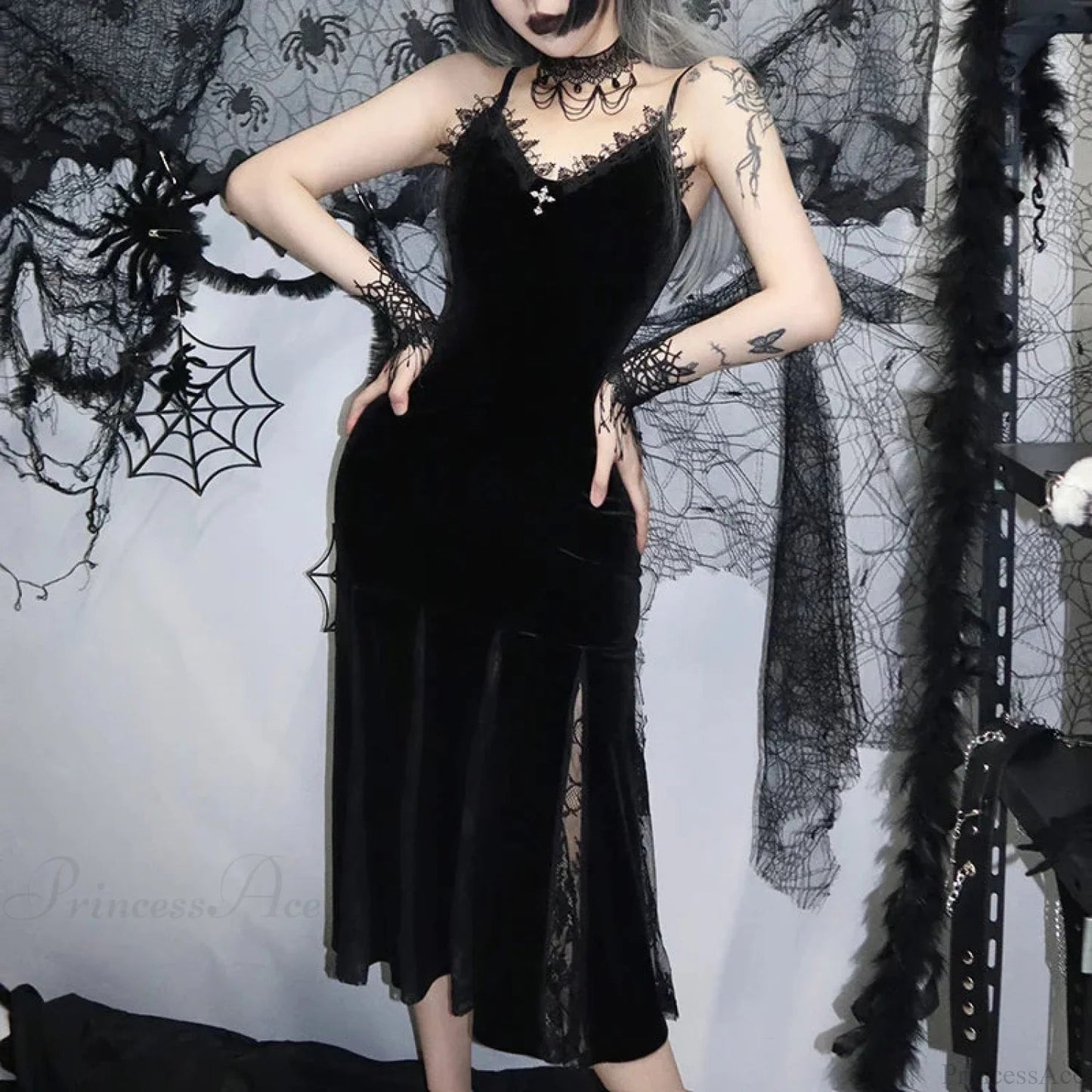 Sleeveless Velour Lace Patchwork Midi Dress