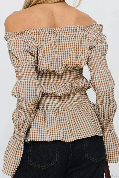 Smocked Plaid Off-the-shoulder Flared Long Sleeve Blouse