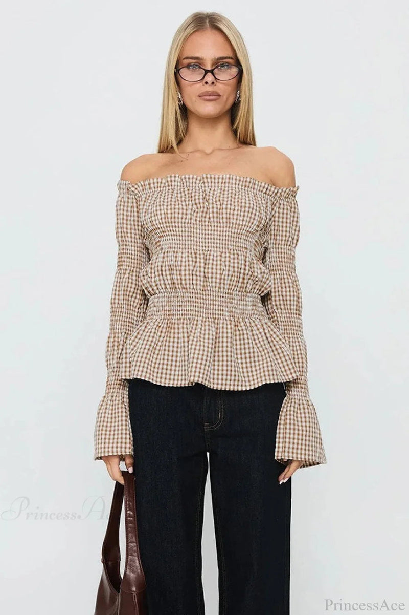Smocked Plaid Off-the-shoulder Flared Long Sleeve Blouse