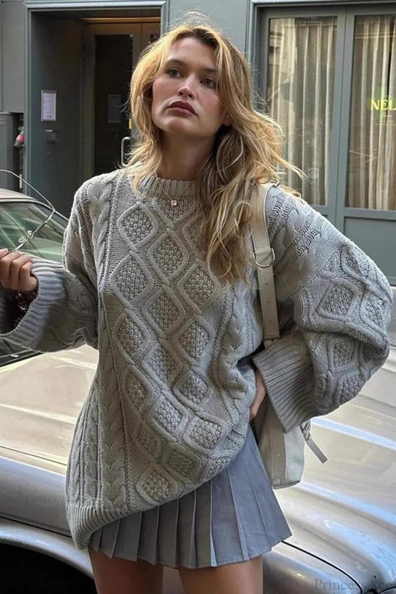 3d Chunky Cable Argyle Crewneck Loose Sweater