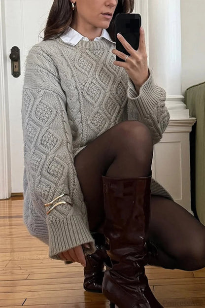 3d Chunky Cable Argyle Crewneck Loose Sweater