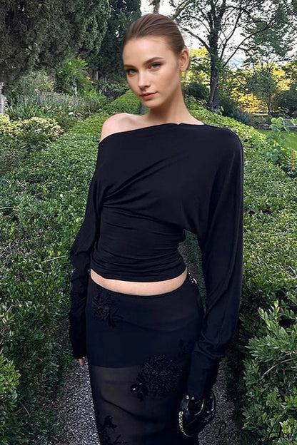 Color Asymmetric Shoulder Cutout Long Sleeve Blouse