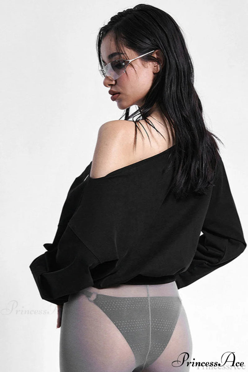 Color Asymmetric Shoulder Cutout Long Sleeve Blouse