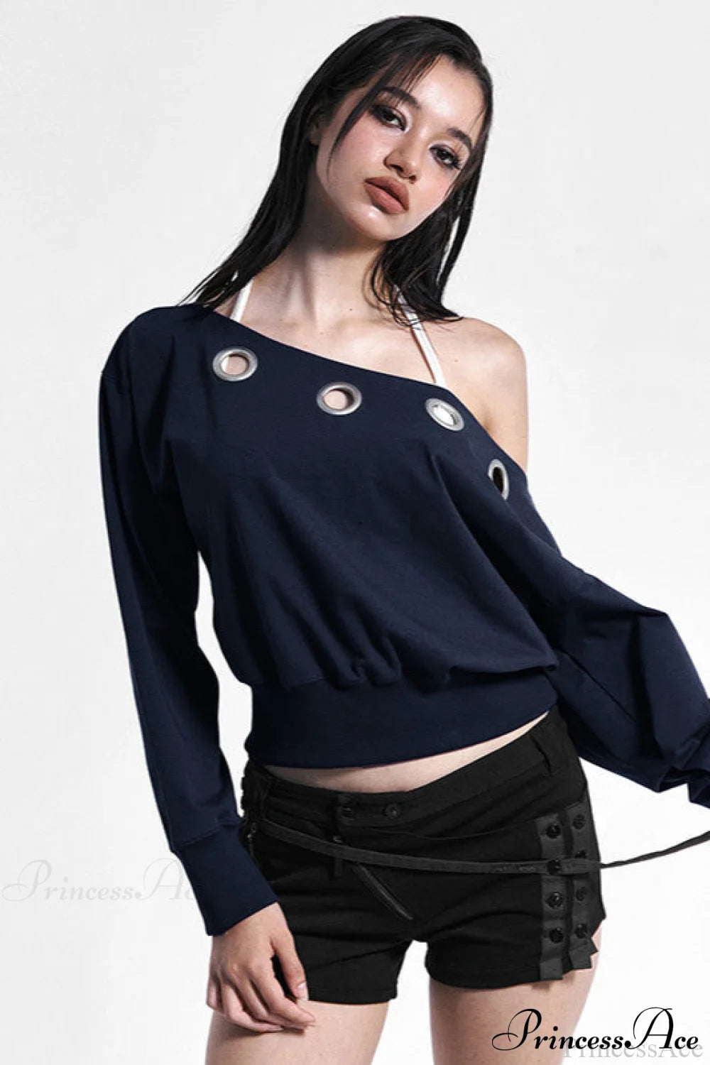 Color Asymmetric Shoulder Cutout Long Sleeve Blouse
