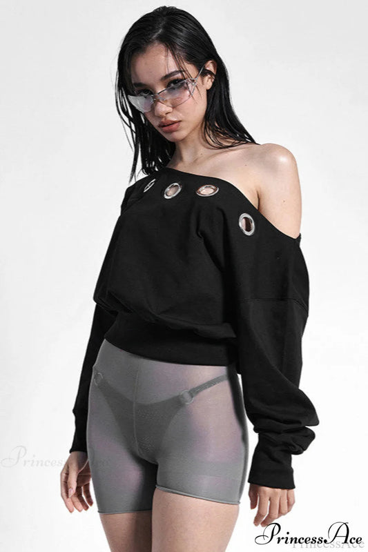 Color Asymmetric Shoulder Cutout Long Sleeve Blouse