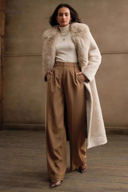 Color Furry Collar Faux Fur Overcoat