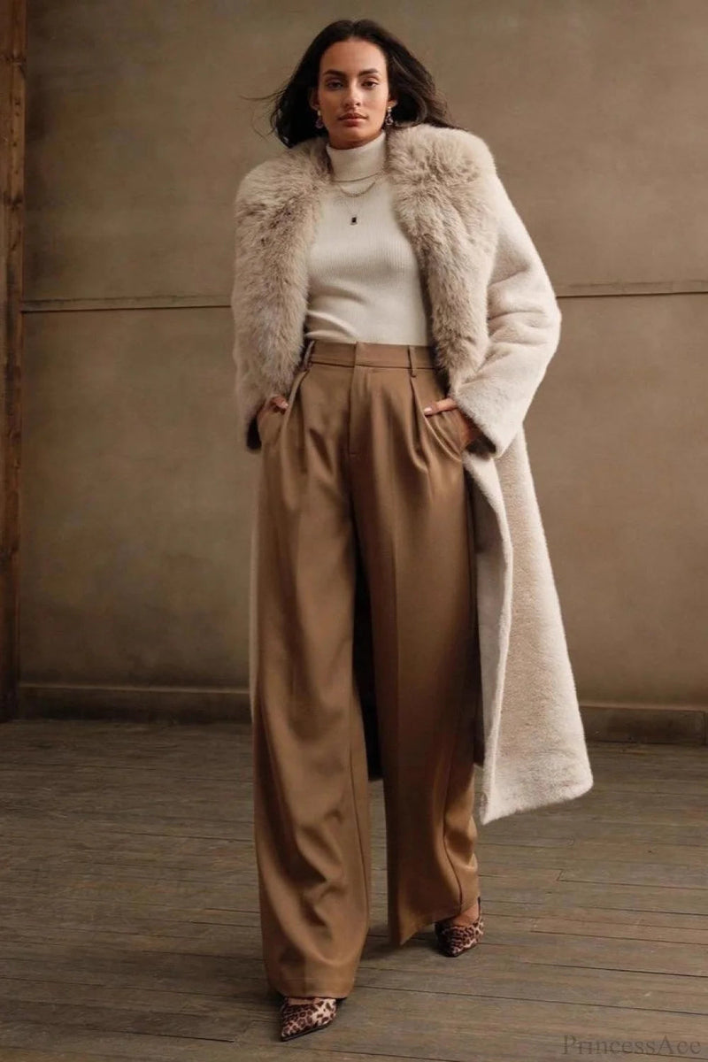 Color Furry Collar Faux Fur Overcoat
