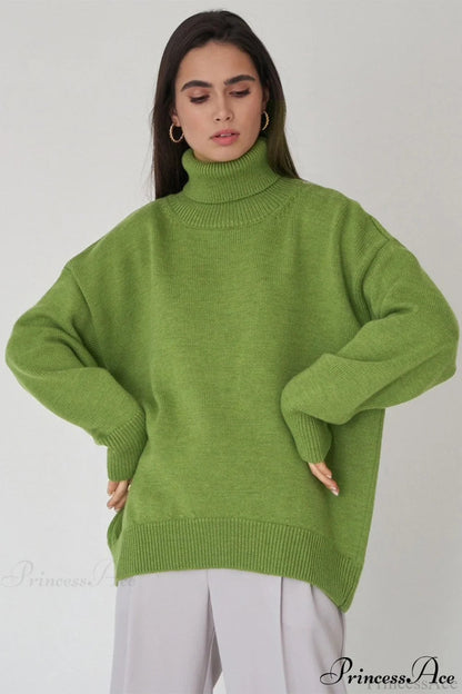Color High-neck Loose Knit Sweater