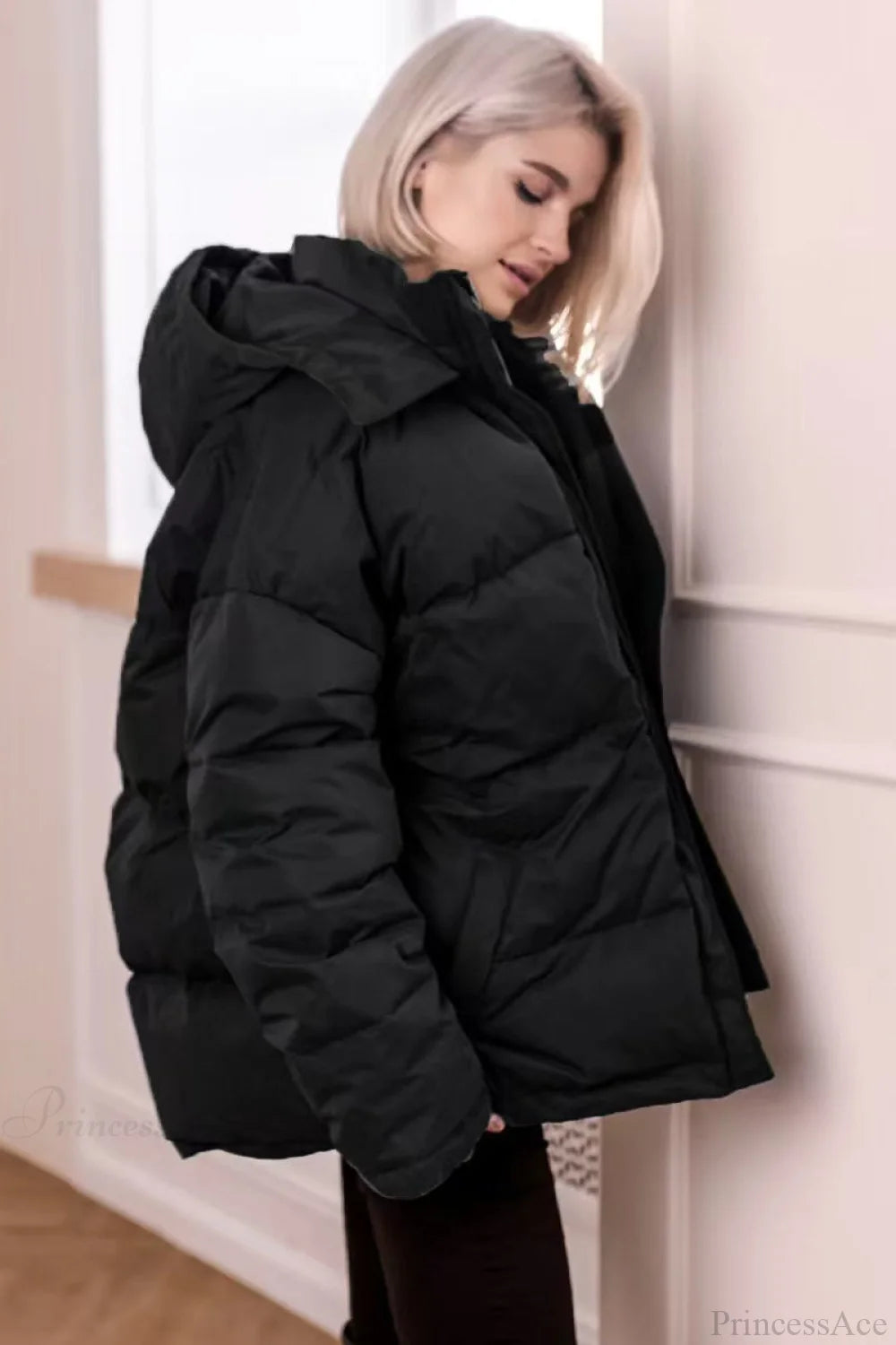 Color Hooded Zippered Thickened Quilted Coat
