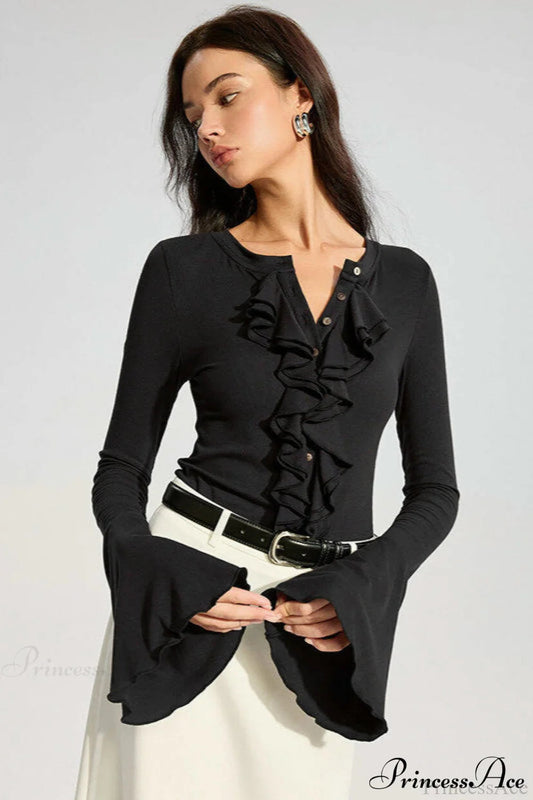 Color Panel Flared Sleeve Ruffled Blouse