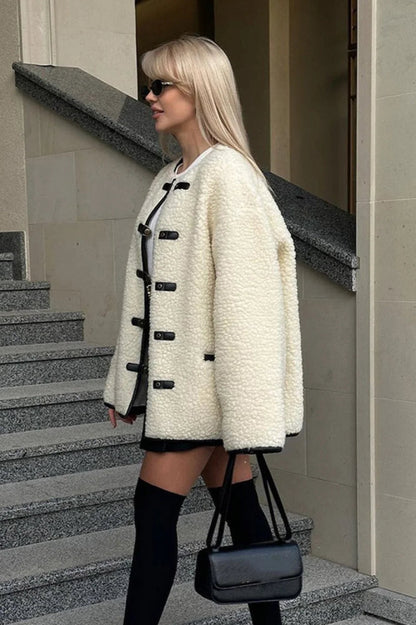 Color Sherpa Horn Button Minimalist Coat
