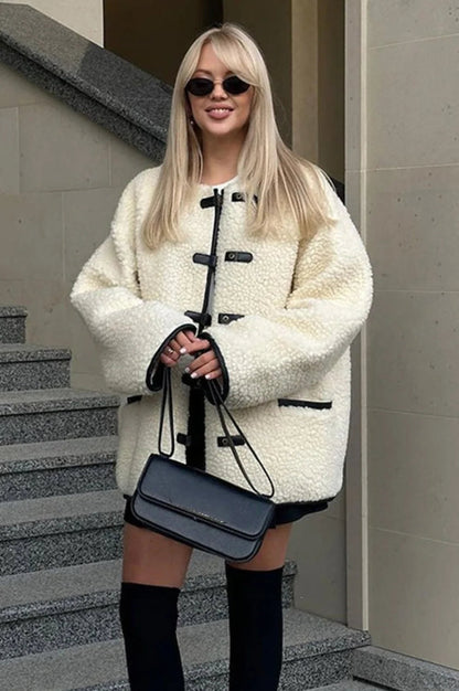 Color Sherpa Horn Button Minimalist Coat