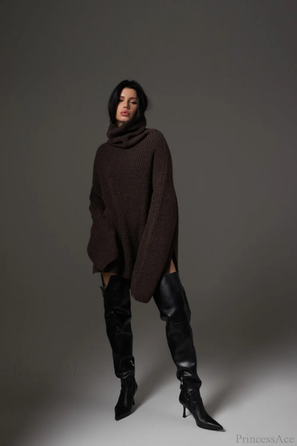 Color Simple Turtleneck Pullover Mid Length Knit Sweater