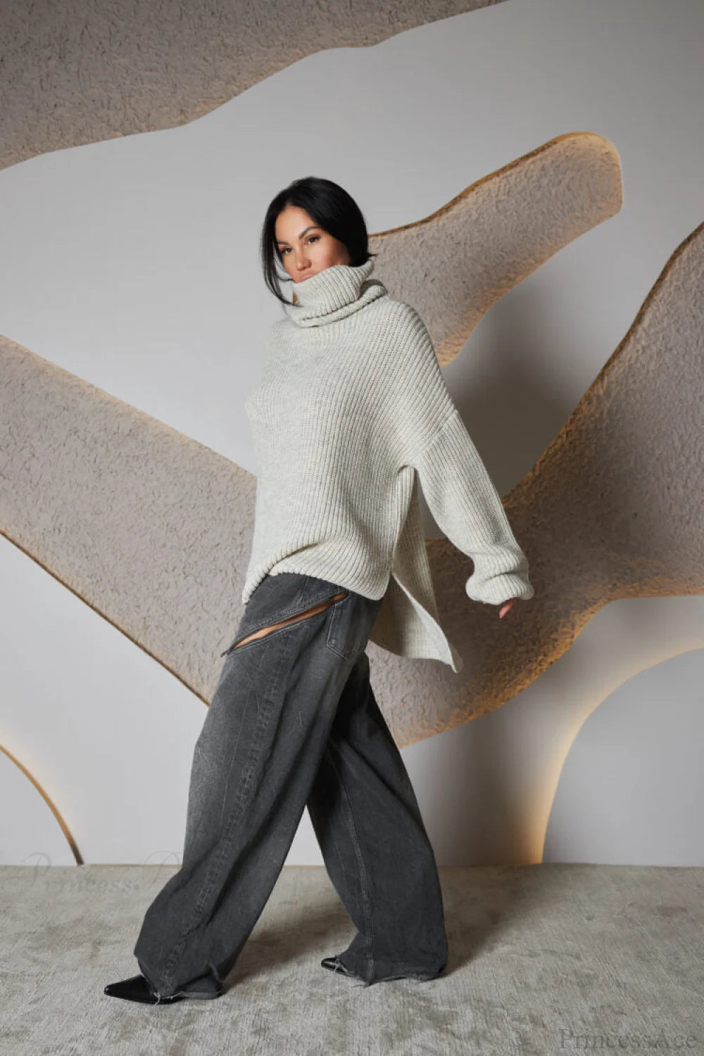 Color Simple Turtleneck Pullover Mid Length Knit Sweater
