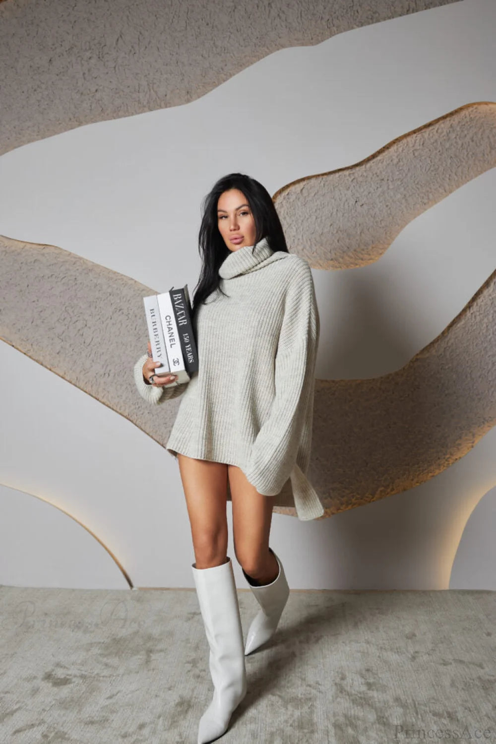 Color Simple Turtleneck Pullover Mid Length Knit Sweater
