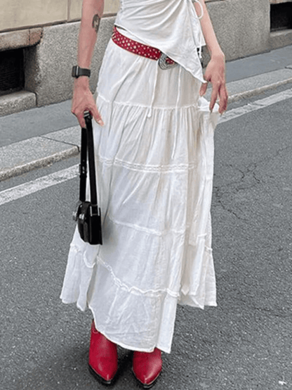 White Y2k Slit Layered Midi Skirt