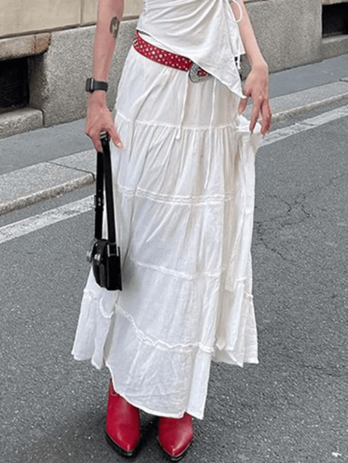 White Y2k Slit Layered Midi Skirt