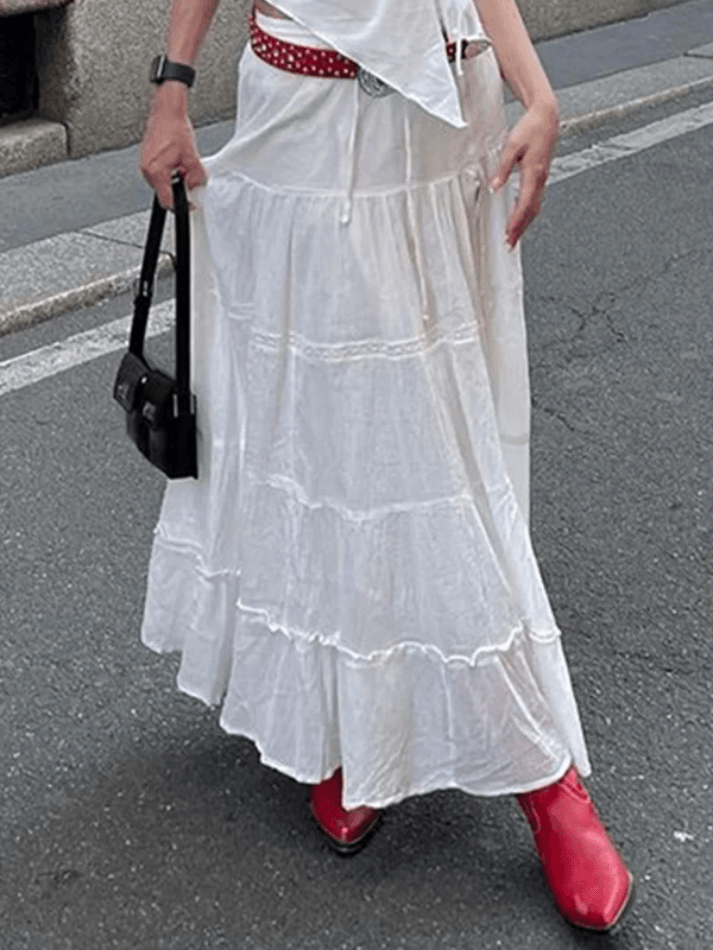 White Y2k Slit Layered Midi Skirt