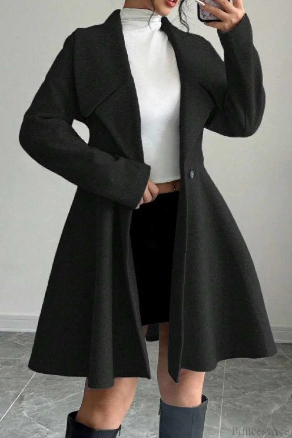 Color Wool Tie Waist Long Sleeve Overcoat