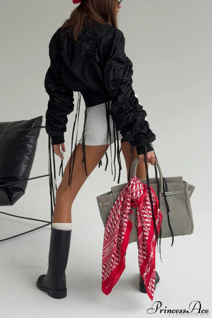 Fringed Ruched Waist Short Zip Coat