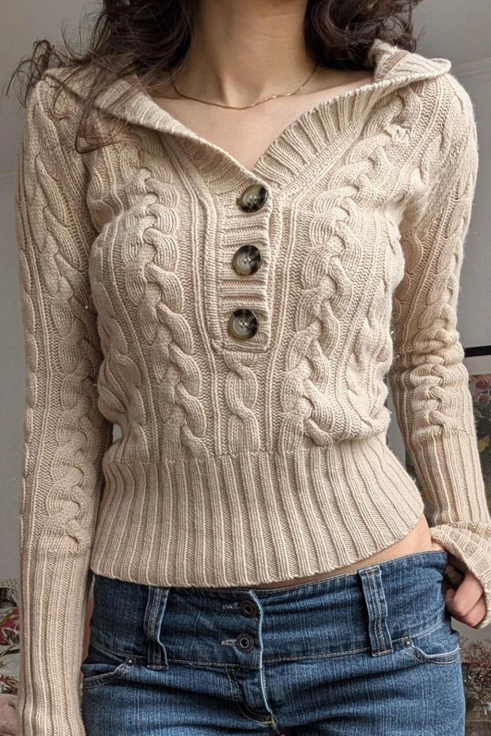 Hooded Button Cropped Slim Sweater