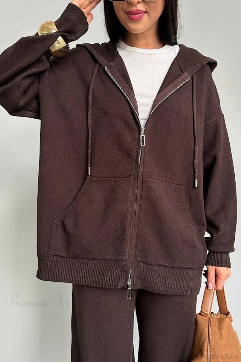 Knit Hooded Straight-leg Two Piece Set