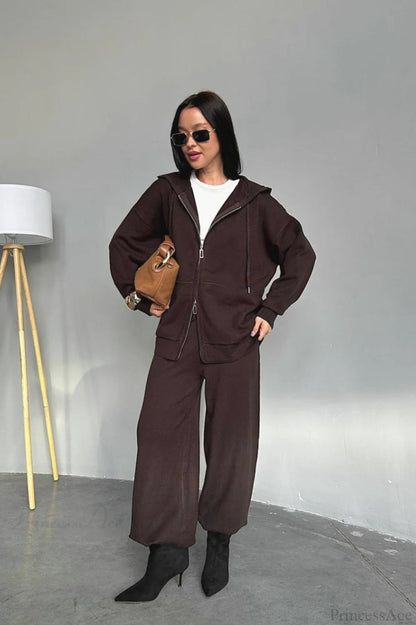 Knit Hooded Straight-leg Two Piece Set