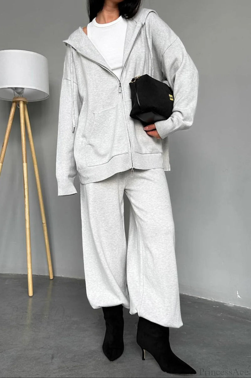 Knit Hooded Straight-leg Two Piece Set