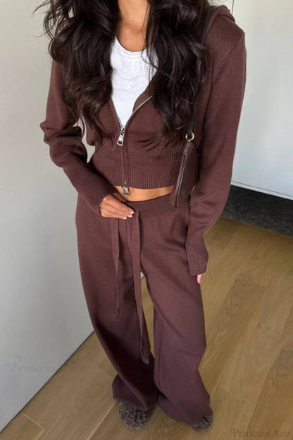 Knit Short Zip Jacket Relaxed Pants Two Piece Set