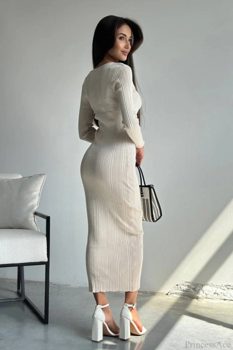 Knit Waisted Long Sleeve Maxi Dress