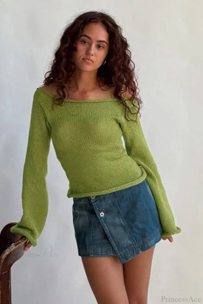Off Shoulder Rolled Edge Loose Knit Sweater