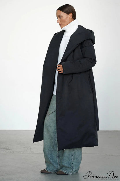 Warm Long Hooded Belted Cotton Puffer Overcoat