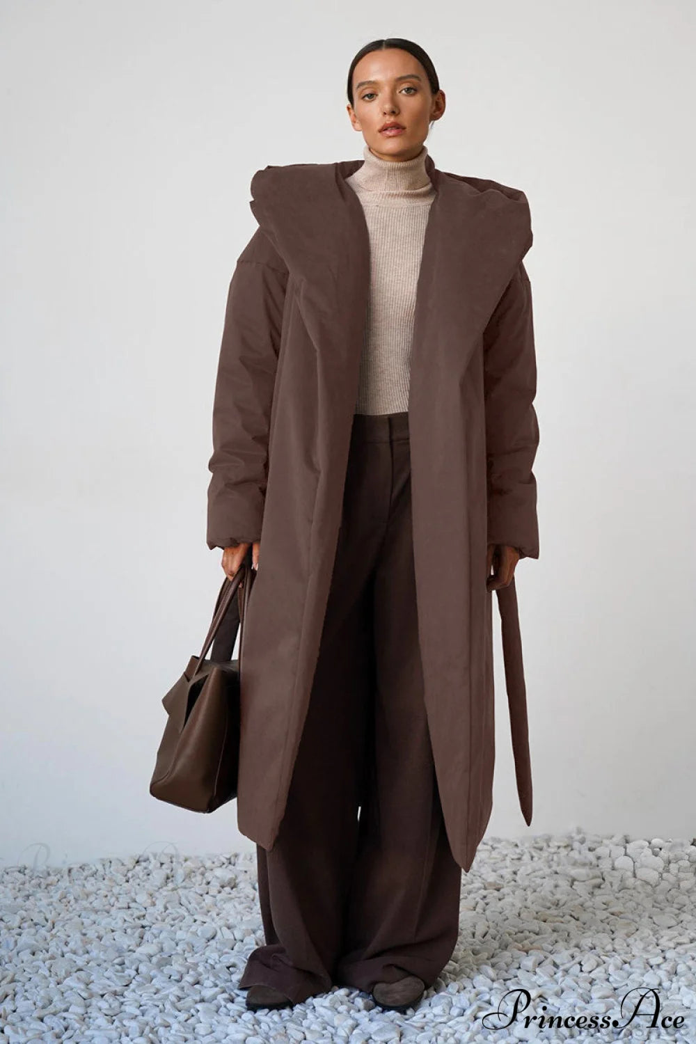 Warm Long Hooded Belted Cotton Puffer Overcoat