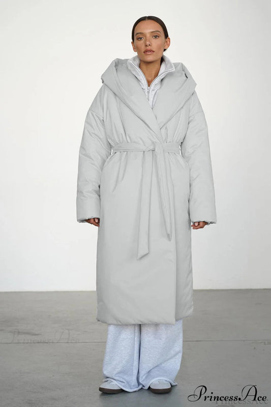 Warm Long Hooded Belted Cotton Puffer Overcoat