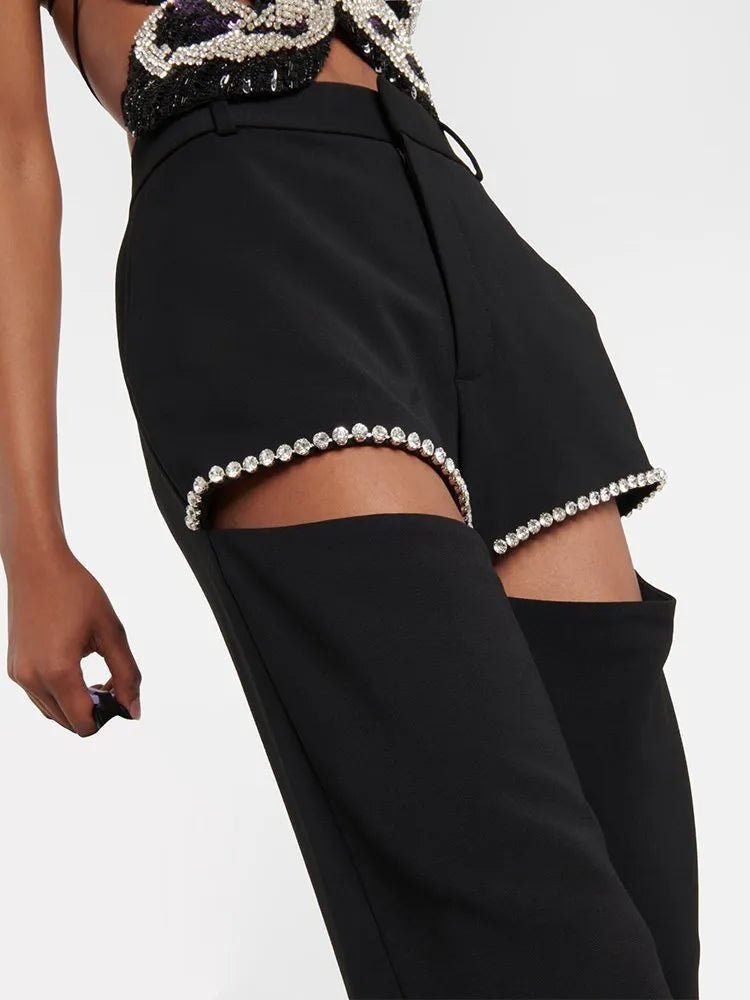 Wide Leg Pants for | High Waist Hollow Out Spliced Diamonds Loose Straight Pant | Female Clothing