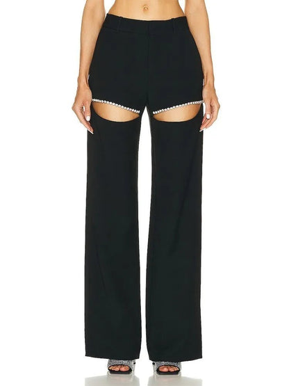 Wide Leg Pants for | High Waist Hollow Out Spliced Diamonds Loose Straight Pant | Female Clothing