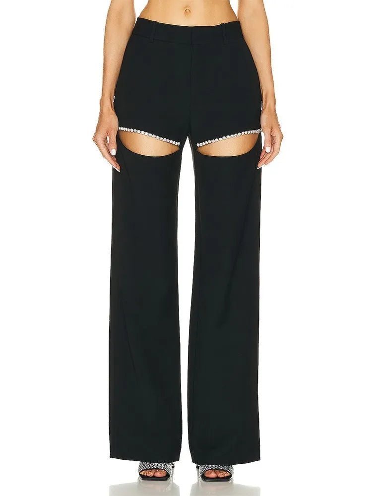 Wide Leg Pants for | High Waist Hollow Out Spliced Diamonds Loose Straight Pant | Female Clothing