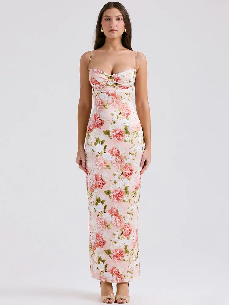 Spaghetti Strap Print Maxi Dress - Sleeveless Backless Bodycon Long Dress