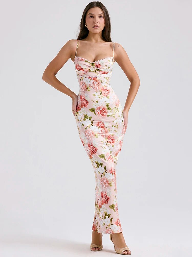 Spaghetti Strap Print Maxi Dress - Sleeveless Backless Bodycon Long Dress