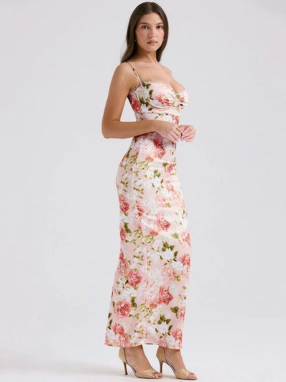 Spaghetti Strap Print Maxi Dress - Sleeveless Backless Bodycon Long Dress
