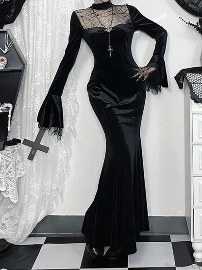Spider Web Mesh Patchwork Long Dress
