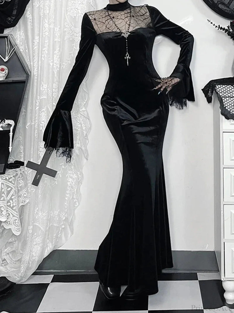 Spider Web Mesh Patchwork Long Dress