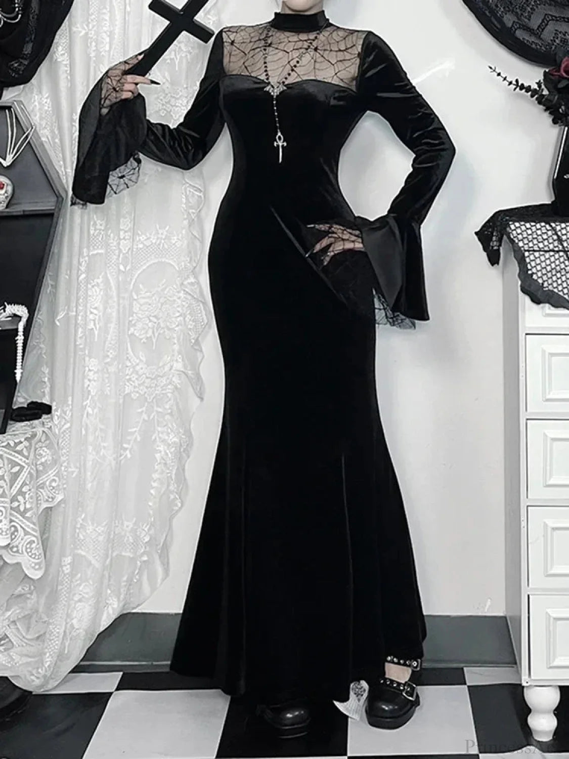 Spider Web Mesh Patchwork Long Dress